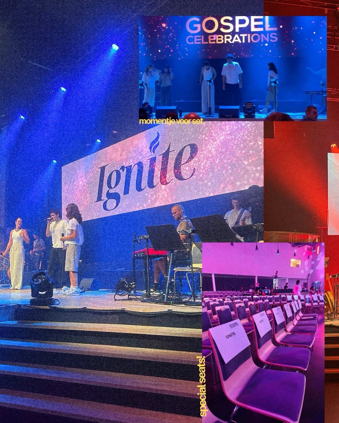 Collage van Gospel Celebrations: podium, Ignite op het scherm en gereserveerde stoelen